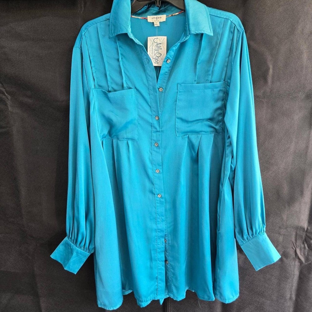 Umgee Teal Satin Button Down Dress Oversized Boho Chic Small NWT